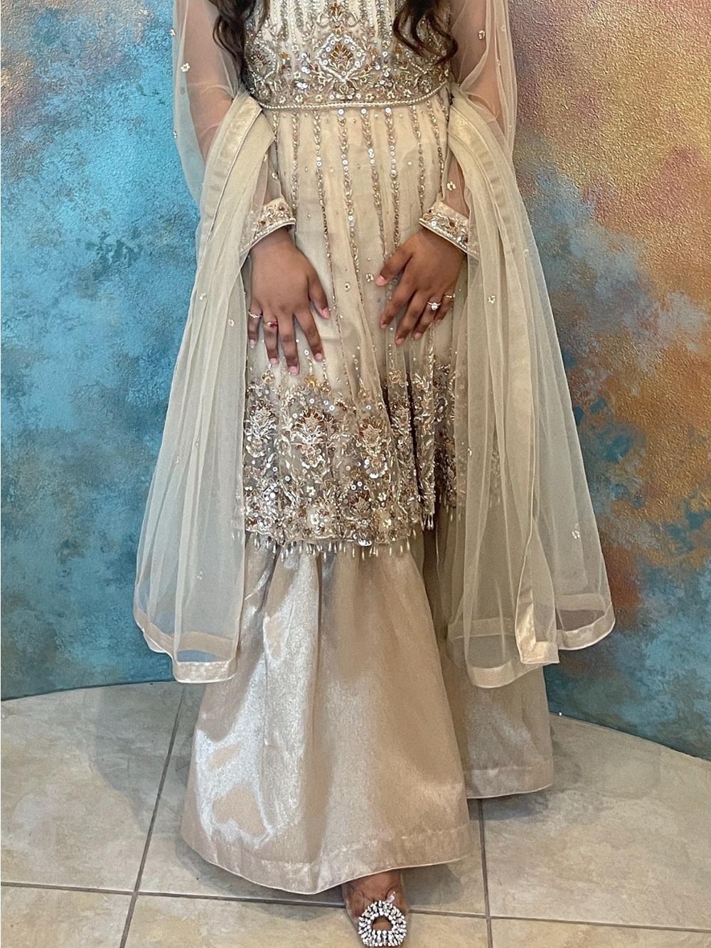 Girls' Embellished Cream Party Dress with Sheer Cape